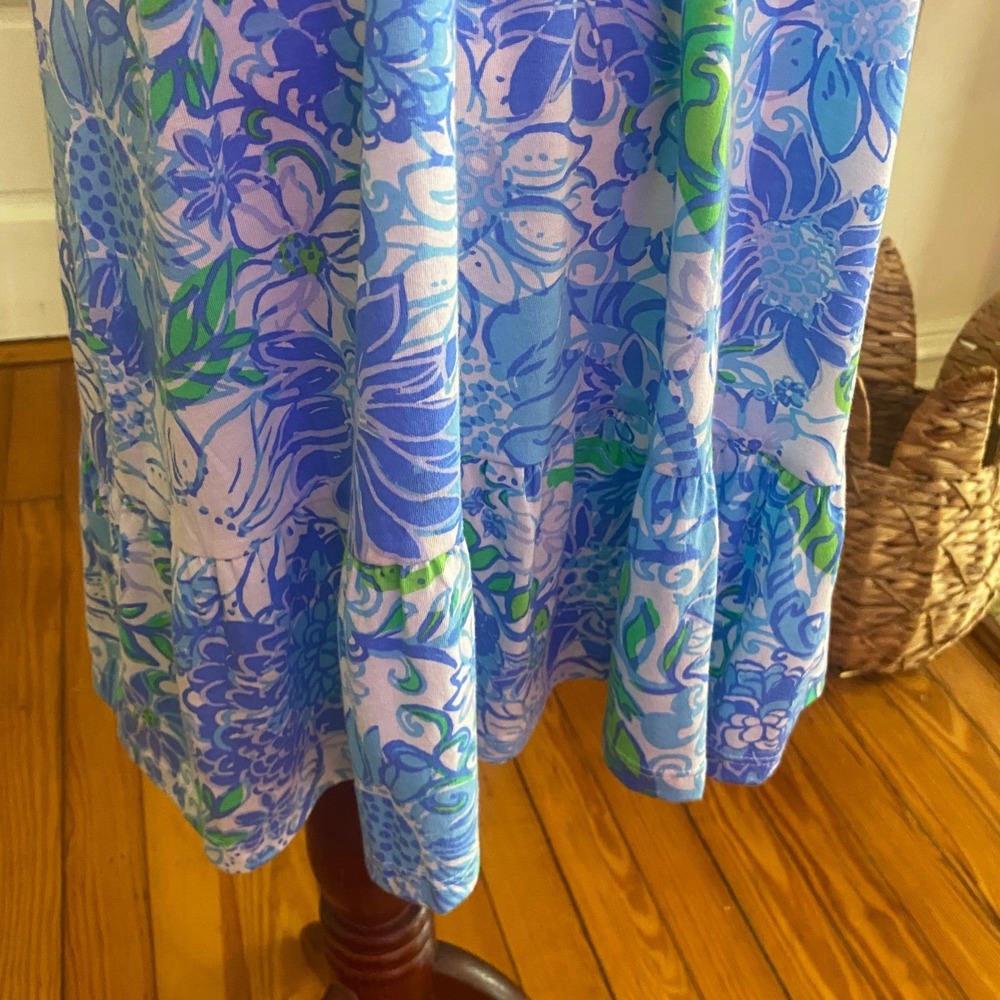 Lilly Pulitzer Blue Green Floral Pom Pom V-Neck Ruffle Hem Shift Dress Medium - Picture 5 of 9